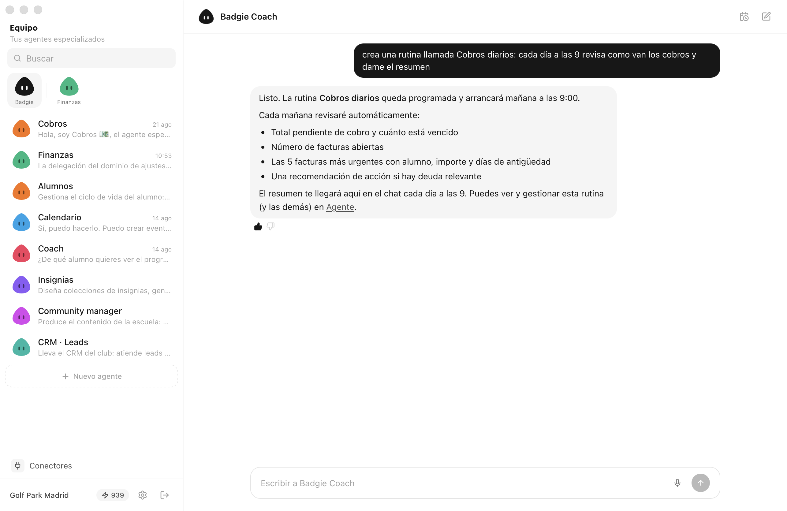 Badgie Agents en macOS: chat con el equipo de agentes